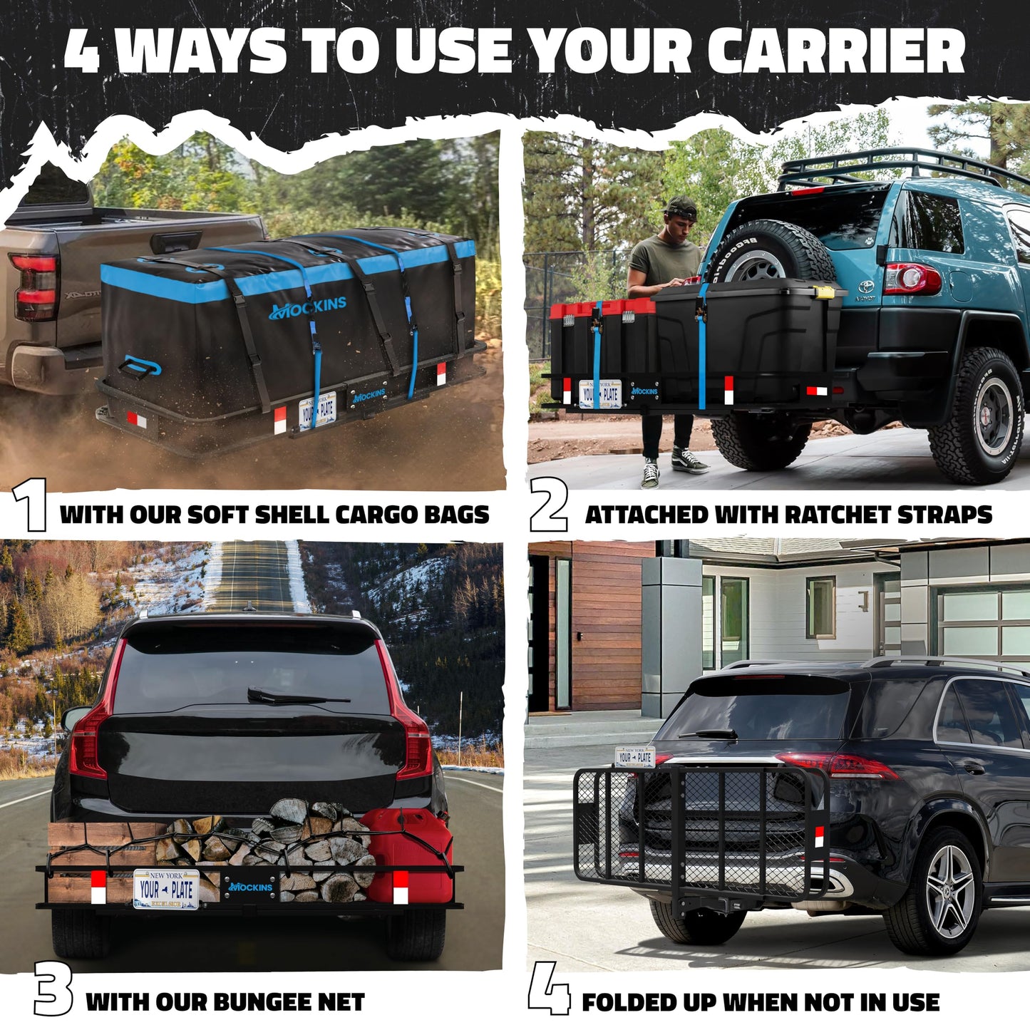 Mockins 60"x24"x6" Folding Trailer Hitch Cargo Carrier w/ 25 Cu Ft Waterproof Cargo Bag for Hitch Carrier | Heavy Duty 500 lbs Steel Luggage Rack for SUV, Car & Truck w/Plate Bracket & Accessories