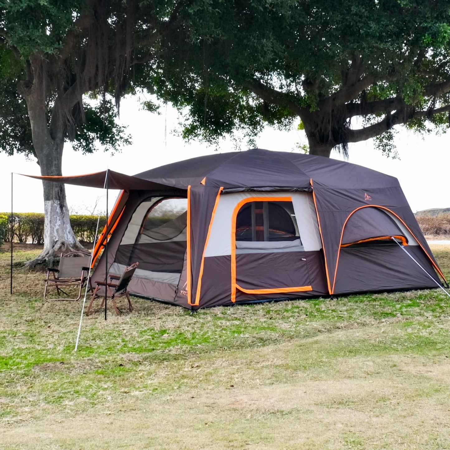 KTT Extra Large Tent 12 Person,Family Cabin Tents,Full Rainfly,2 Bay-Windows,2 Rooms and 3 Doors 3 Windows with Mesh,Waterproof,Straight Wall,Double Layer,Big Tent for Outdoor,Picnic,Camping(Brown)