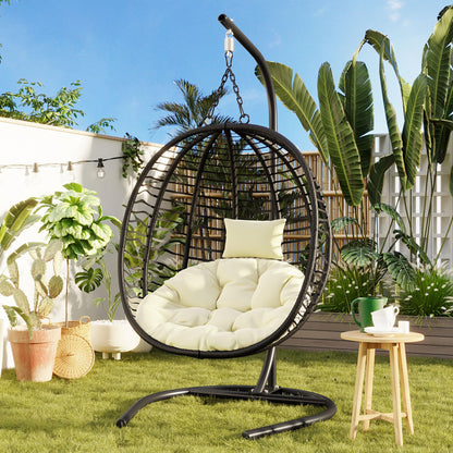 Merax Folding Hanging Egg Chair with Stand, Indoor Outdoor Wicker Hammock Swing Chair with Adjustable Anti-Slip Feet for Balcony, Bedroom, Garden