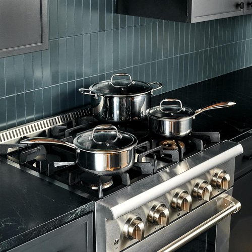 HexClad Hybrid Nonstick 6-Piece Pot Set - Includes 2 Silicone Trivets & Tempered Glass Lids | Induction Ready, Dishwasher Safe