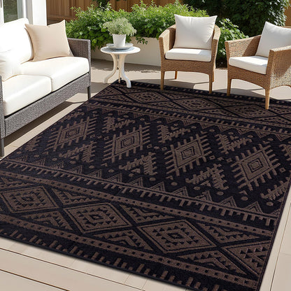 OLANLY Outdoor Rug Waterproof 10x14 ft, Reversible Outdoor Plastic Straw Rug, Boho Patio Rug, Indoor Outdoor Carpet, RV Mat Outside for Patio, Camp, Picnic, Balcony, Deck, Backyard, Black & Brown