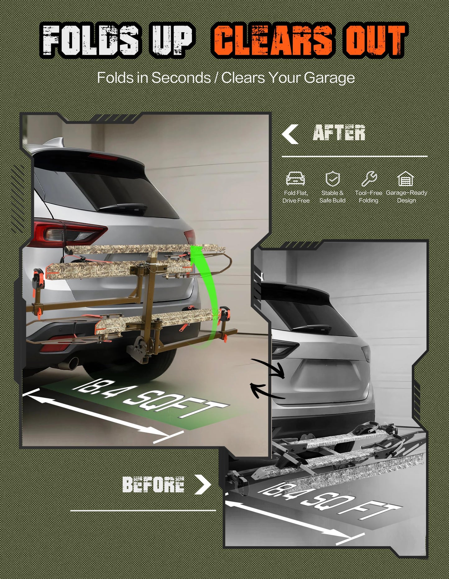 Young Bike Rack Hitch Mount for 2 E-Bikes, Fat Tire, Electric Bike Rack, Car, SUV, Truck, RV, Platform Carrier, 200lbs Capacity, Foldable, Anti-Wobble, Bike Holder, Cargo Rack, 2" Receiver, Camo