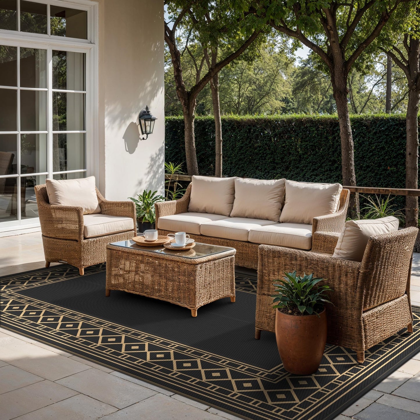 GENIMO Outdoor Rug Waterproof for Patio Decor, 10'x20' Foldable Reversible Plastic Straw Carpet, Outside Area Mat for Rv, Deck, Picnic, Porch, Camper, Balcony, Beach, Black & Brown