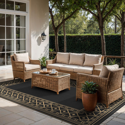 GENIMO Outdoor Rug Waterproof for Patio Decor, 10'x20' Foldable Reversible Plastic Straw Carpet, Outside Area Mat for Rv, Deck, Picnic, Porch, Camper, Balcony, Beach, Black & Brown