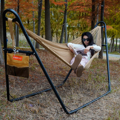 Lazy Daze Hammocks Handwoven Mayan Hammock with Heavy Duty Steel Stand, 10.5 FT Soft Rope Double Hammock for Patio Outside, 550 lbs Weight Capacity, Tan