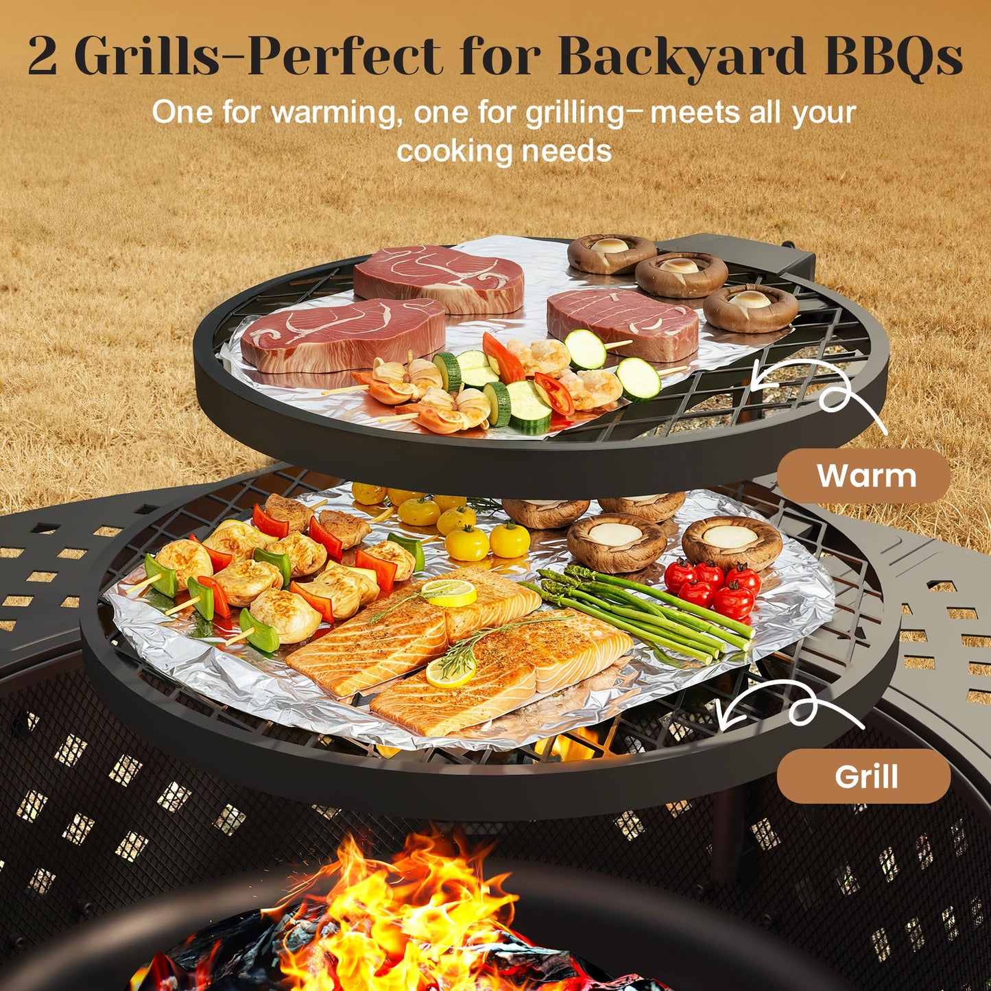 Outdoor Fire Pit, 48" Fire Pit for Outside Wood Burning with Adjustable 2 Grills, Firepit with Lid and Fire Poker, BBQ, Bonfire, Round Outdoor Fireplace 3 in 1 for Patio, Backyard, Garden, Camping