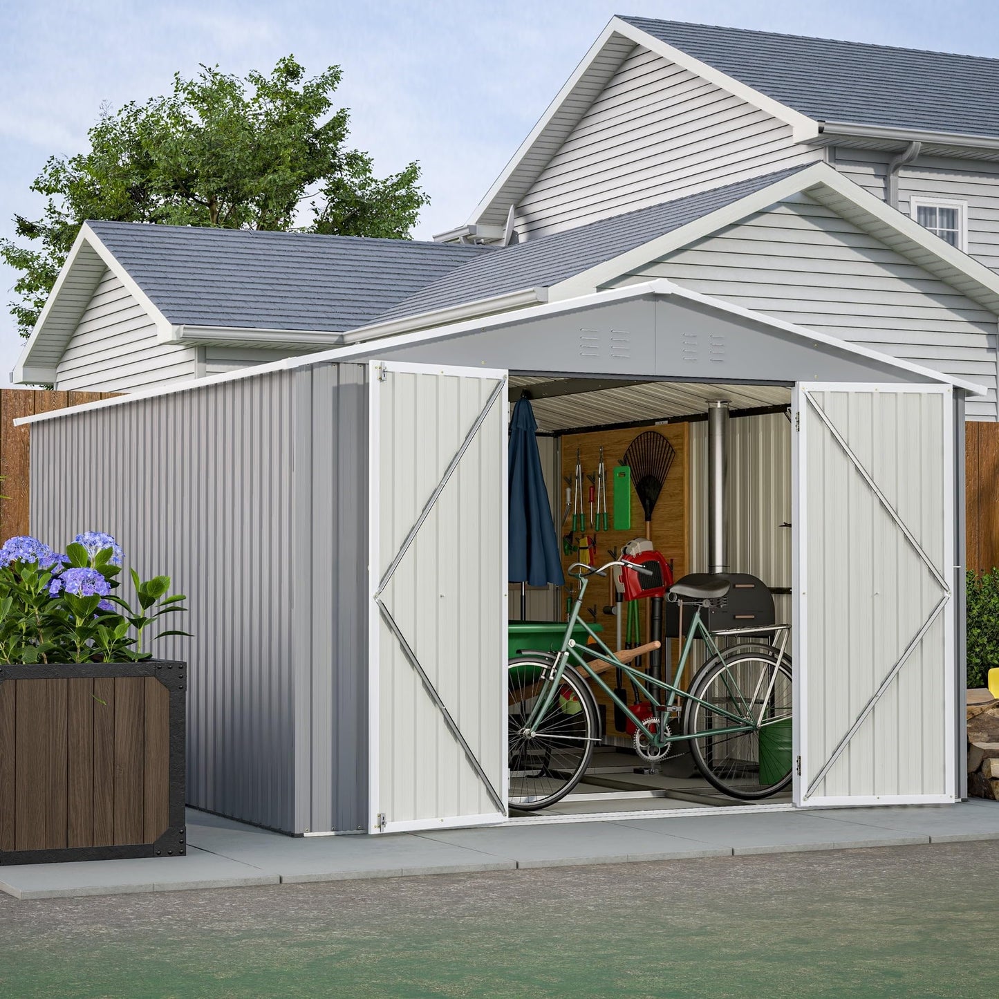 YOPTO 10x12 FT Outdoor Storage Shed with Floor Frame Kit,Metal Shed W/Double Lockable Doors,Garden Tool Storage House W/ 4 Air Vents & Sloped Roof,for Backyard,Patio,Lawn,Gray