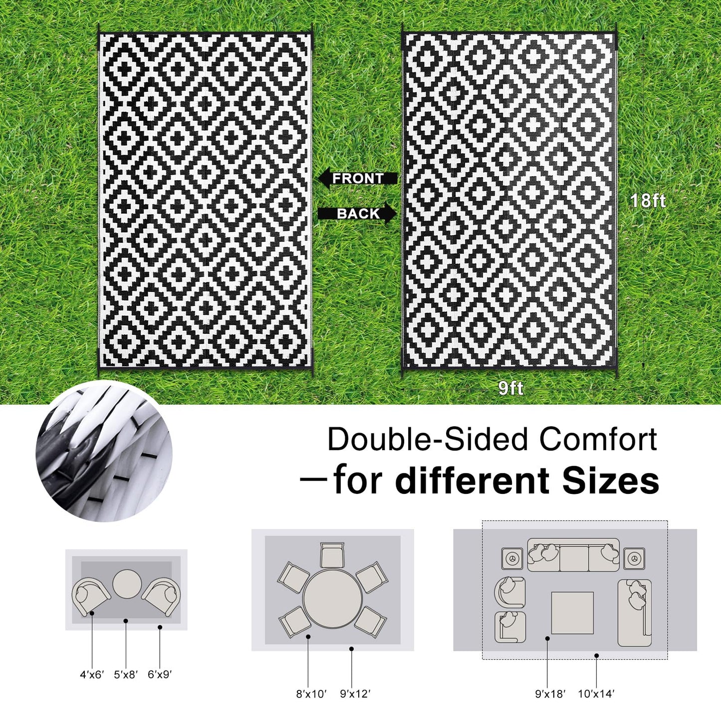 OLANLY Waterproof Outdoor Rug 9x18 ft, Outdoor Plastic Straw Rug for Camping, RV Mat Outside, Indoor Outdoor Carpet for Porch, Deck, Backyard, Balcony, Picnic, Black & White