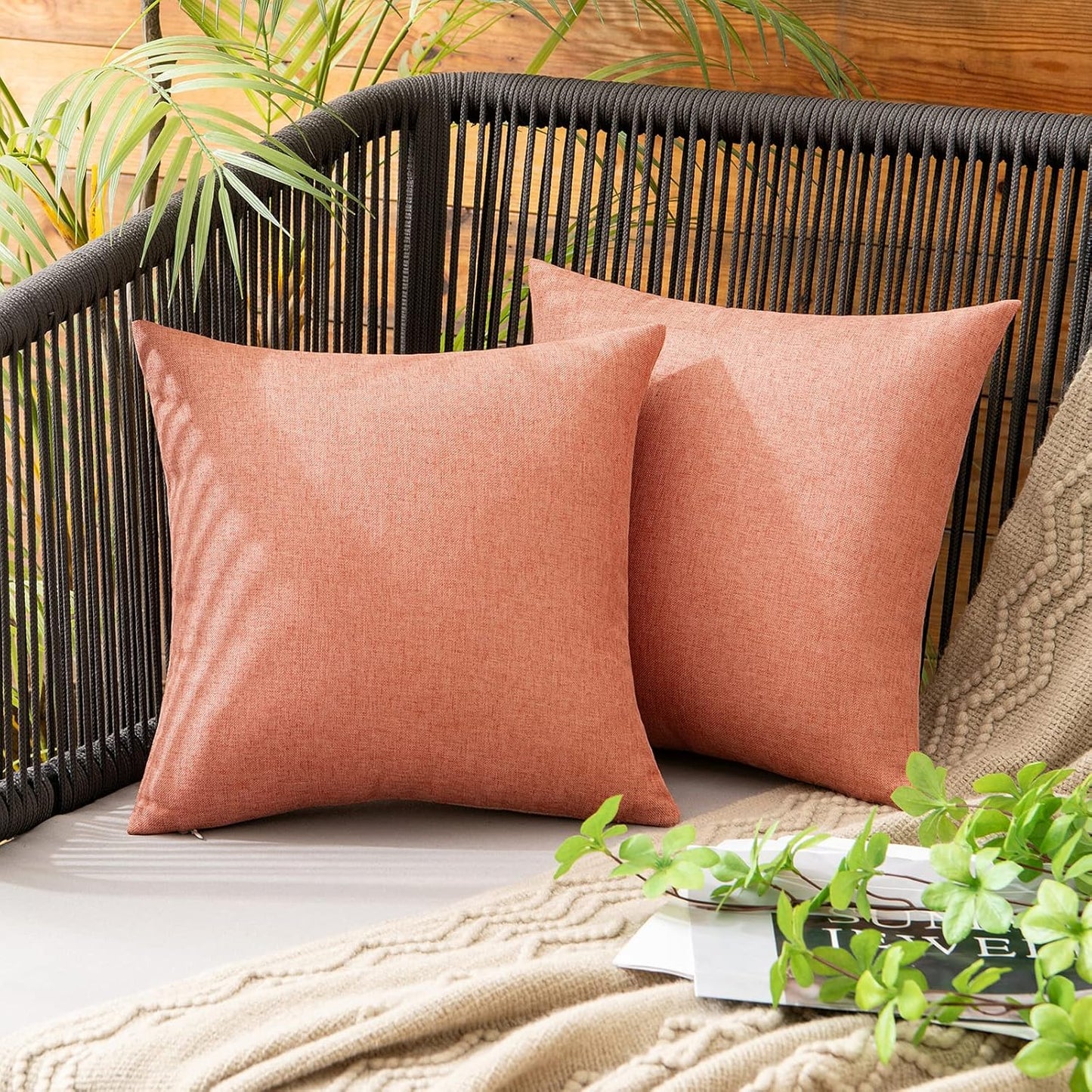 MIULEE Decorative Outdoor Throw Pillow Covers - Waterproof Faux Linen Cushion Cases | 12x12 Inch Coral Red (Pack of 2)