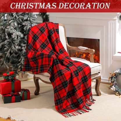Peryiter 6 Pcs Christmas Red Plaid Throw Blanket Bulk with Tassel 50 x 67 Soft Warm Tartan Chenille Throw Fringe Blankets for Bed Couch Sofa Home Office Xmas Decor Gifts Travel Camping for All Season