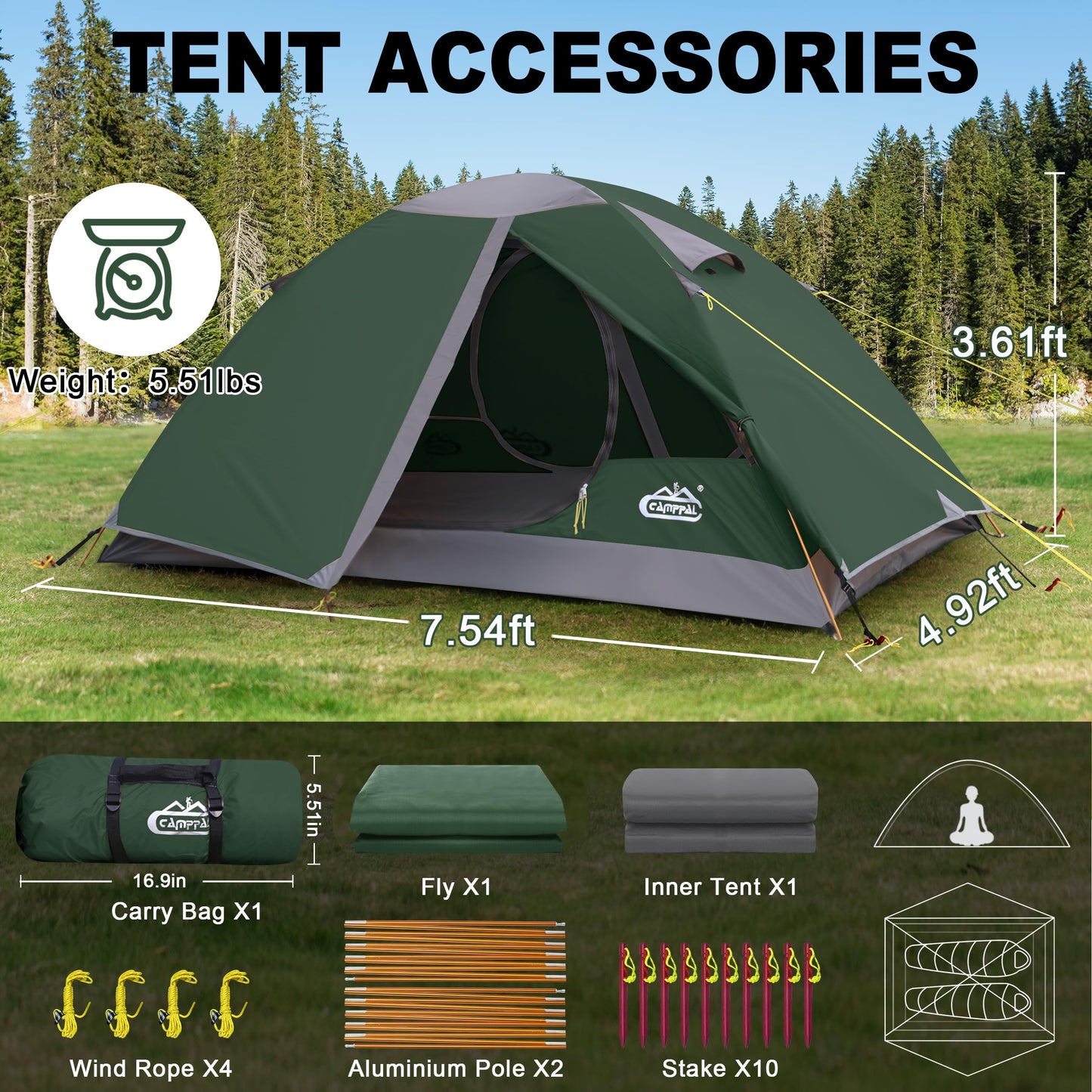 2 Person Backpacking Tent, Waterproof Windproof Two Person Tent, Lightweight Easy Setup 2 Man Tent for Camping, Hiking, Biking, Cycling, Motorbiking, Mountaineering - Green