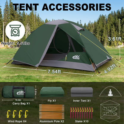 2 Person Backpacking Tent, Waterproof Windproof Two Person Tent, Lightweight Easy Setup 2 Man Tent for Camping, Hiking, Biking, Cycling, Motorbiking, Mountaineering - Green