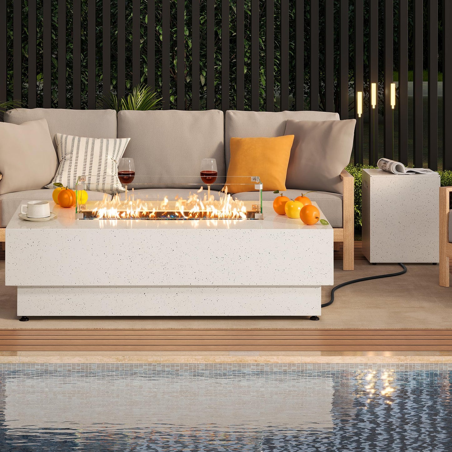 IRONCK 50-Inch Outdoor Propane Fire Pit Table w Tank Table, CSA Certified, Rectangular Patio Fire Pit w Glass Rocks, Wind Guard and Cover, 58000 BTU 2 in 1 Outdoor Heater for Deck Garden, White