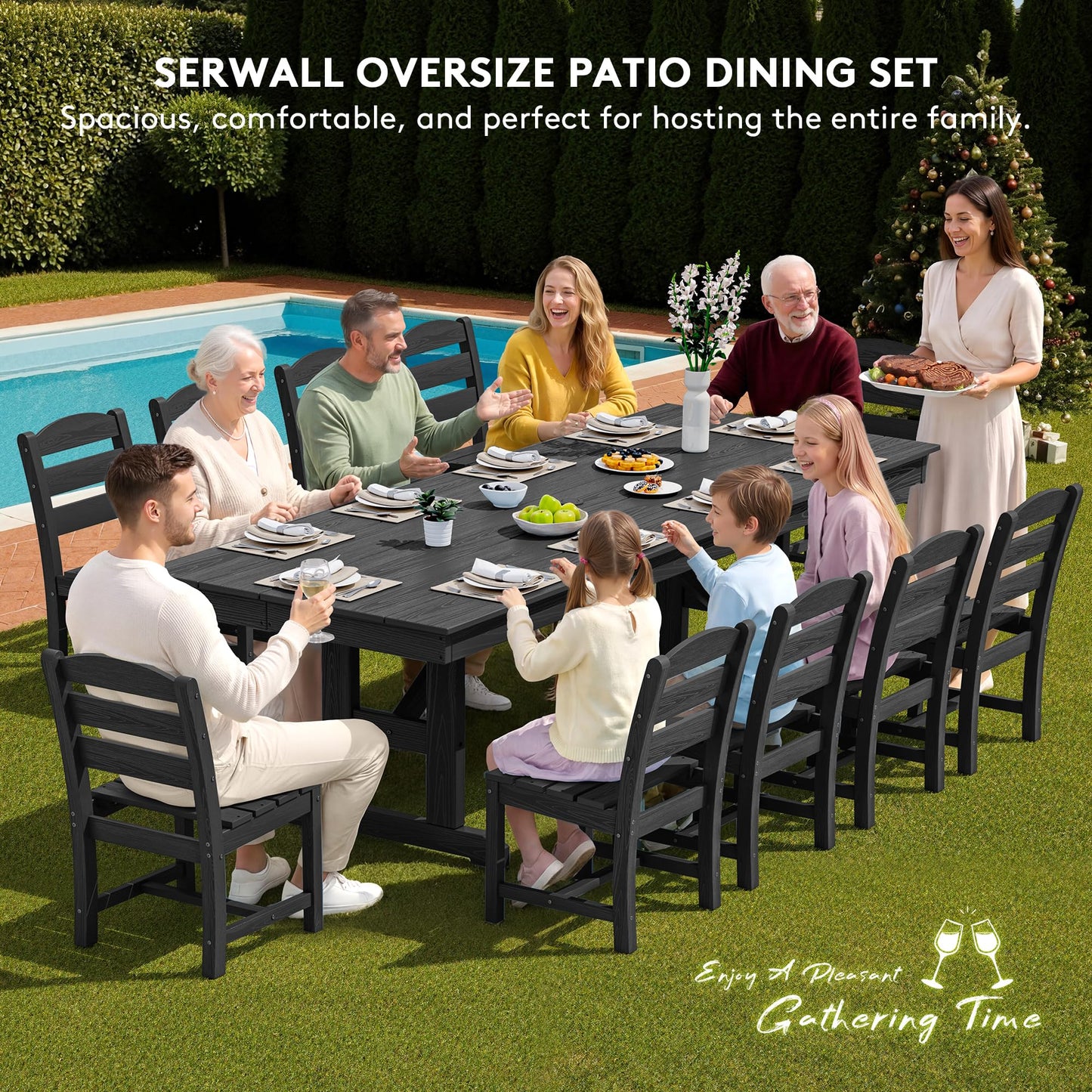 SERWALL Outdoor Armless Dining Chairs Set of 4, All-Weather HDPE Patio Chair with 19.7" Widened Seat, for Backyard, Garden, Black