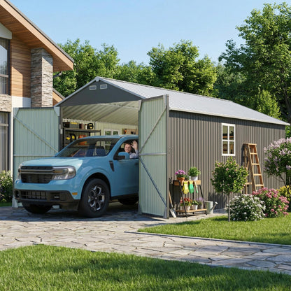 Greesum 12x20FT Metal Carport with Walk-in Side Door, All Weather Metal Garage Shed with Window and Vent, Canopy Shelter with Heavy Duty Frame and Galvanized Roof for Cars, Boats, Tools, Black