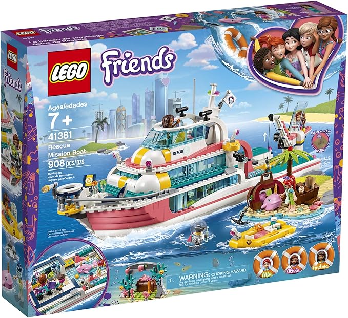 LEGO Friends Rescue Mission Boat 41381 Toy Boat Building Kit with Mini Dolls and Toy Sea Creatures Rescue Playset Includes Narwhal Figure Treasure Box and More for Creative Play (908 Pieces)