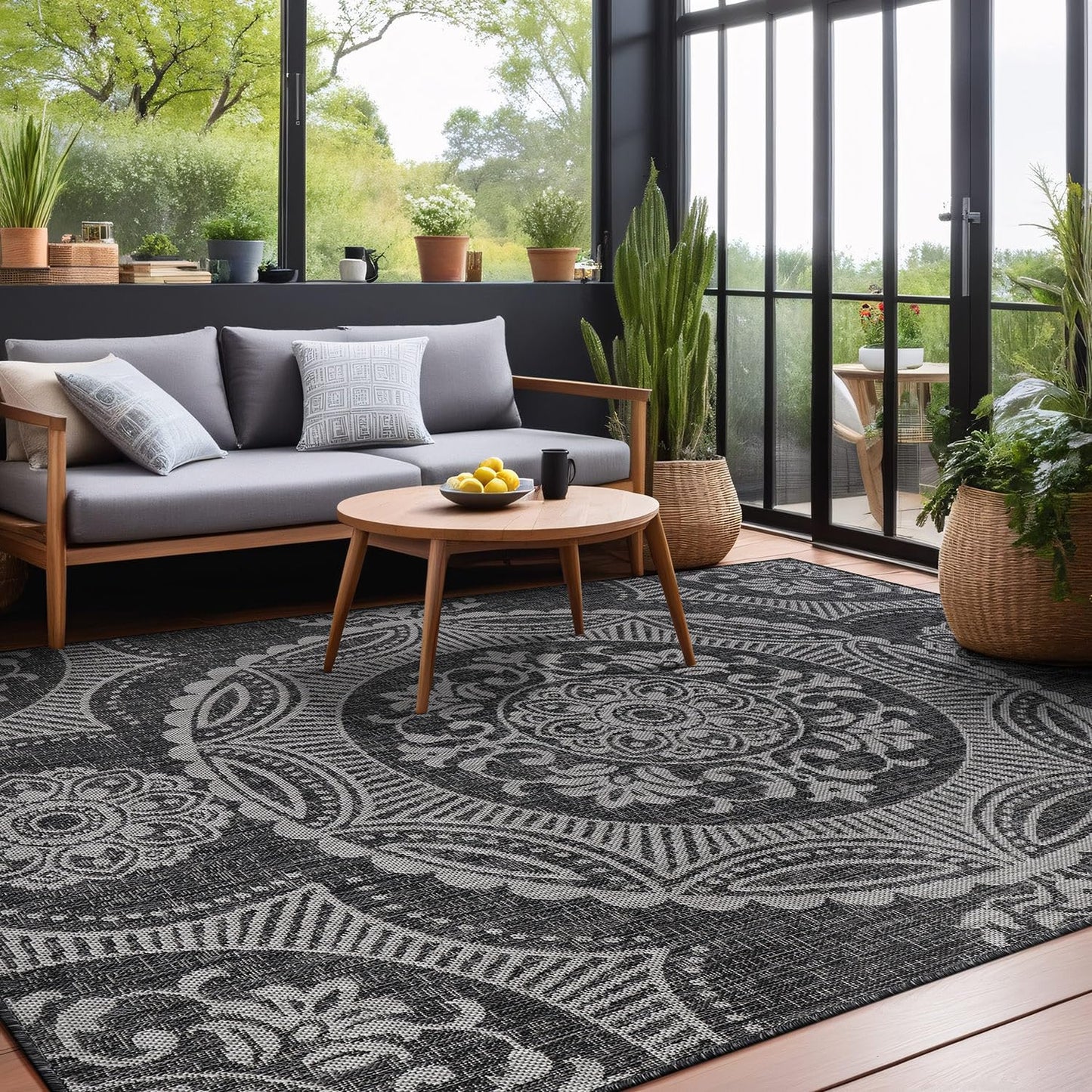 Luul Home Medallion Outdoor Rug 9x12 Washable Outside Carpet for Indoor Patio Porch Waterproof Easy Cleaning Non Shedding Area Rugs Dark Gray 9 x 12