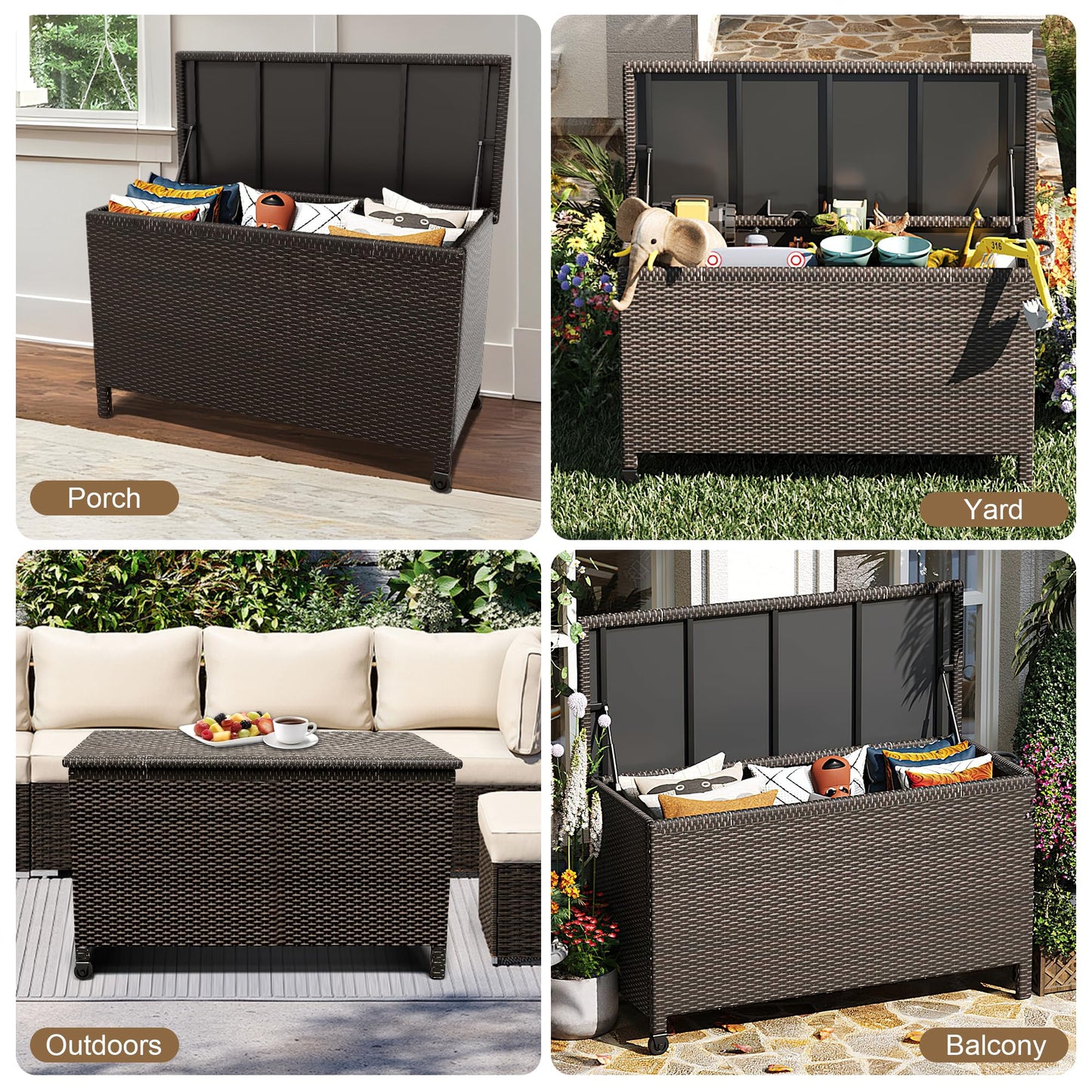Wicker Deck Box, 125 Gallon All-Weather Outdoor Storage Box, Rattan Storage Bin for Patio Furniture, Outdoor Cushions, Pool Storage and Garden Tools, Brown