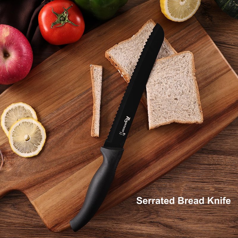 ROMANTICIST Kitchen Knife Sets, 10PCS High Carbon Stainless Steel Knife Sets with Block, Black Knife Block Set, Knives Set for Kitchen with Anti-slip Handle, Exquisite Knives Set New Home Essentials