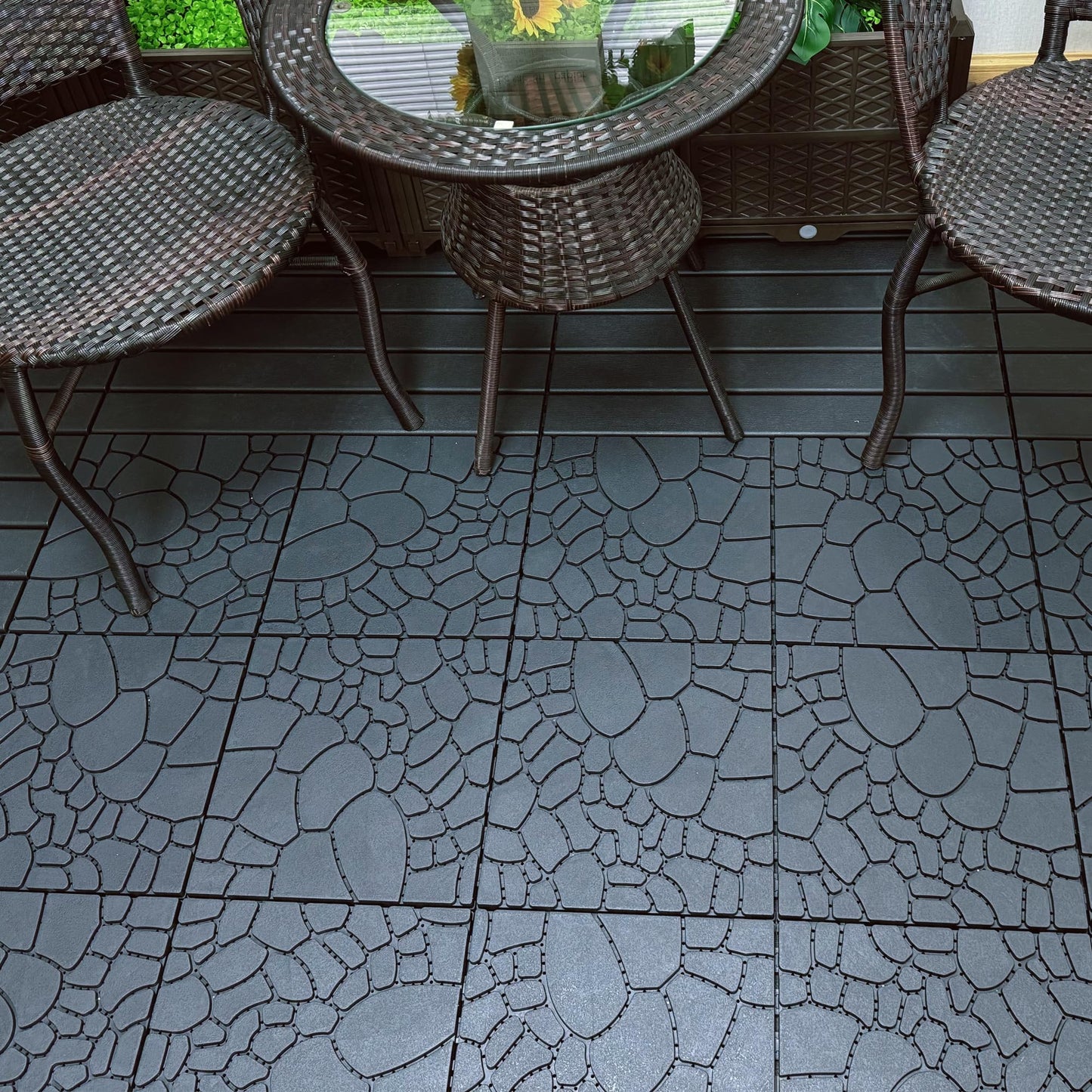 44-Pack Interlocking Deck Tiles, 12"x12" Stone Texture PP Waterproof Flooring, All-Weather Anti-Slip Patio Tiles for Indoor/Outdoor,Poolside, Garden, Balcony, Patio,Easy DIY Installation,Gray