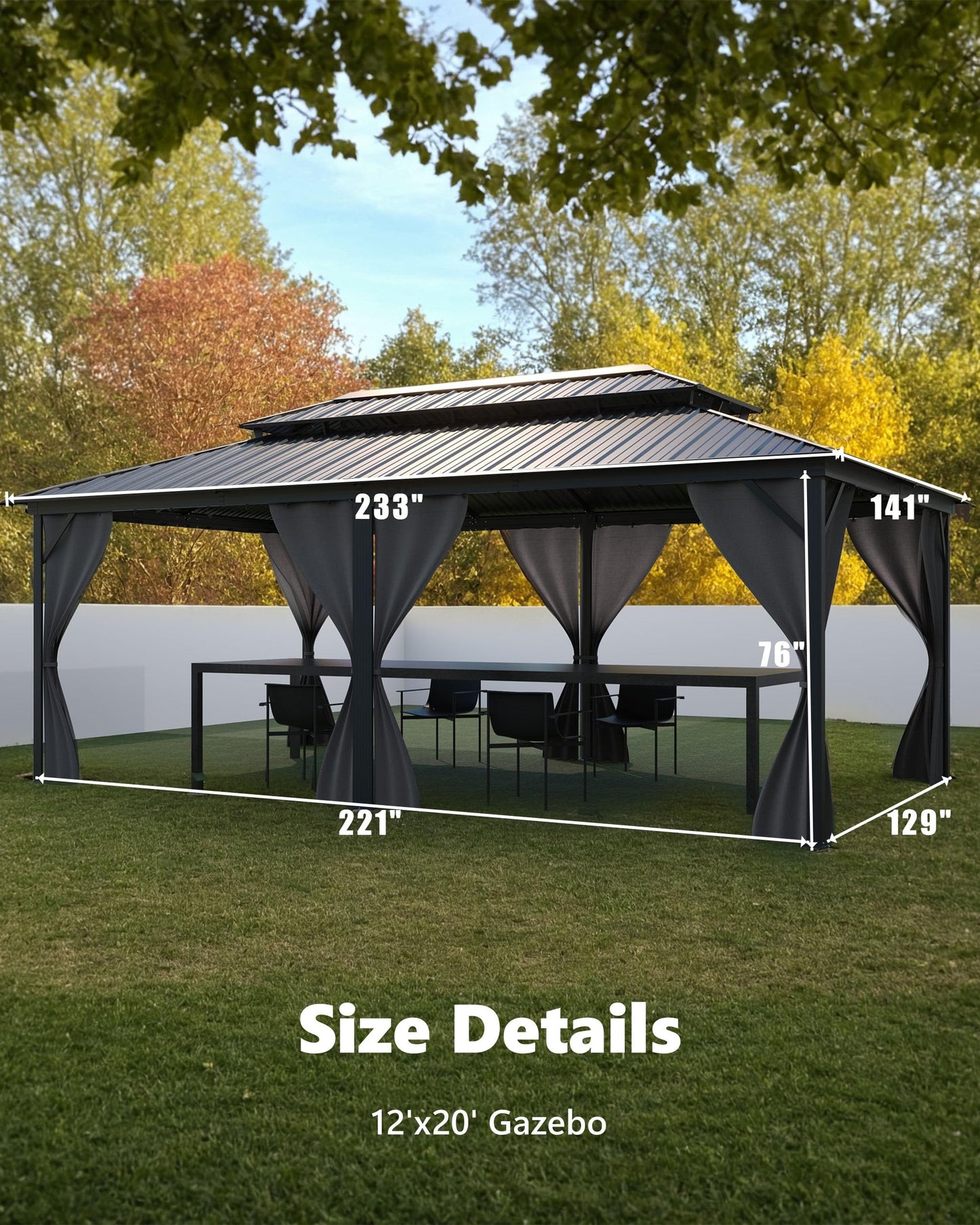 GarveeLife Hardtop Gazebo 12 ft x20 ft for All Weather, with Double Metal Roof, Net, and Curtain, Permanent Building for Patio, Deck, Backyard, Lawn, and Garden
