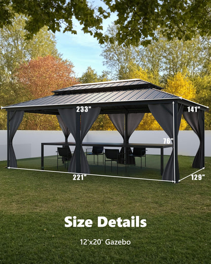 GarveeLife Hardtop Gazebo 12 ft x20 ft for All Weather, with Double Metal Roof, Net, and Curtain, Permanent Building for Patio, Deck, Backyard, Lawn, and Garden
