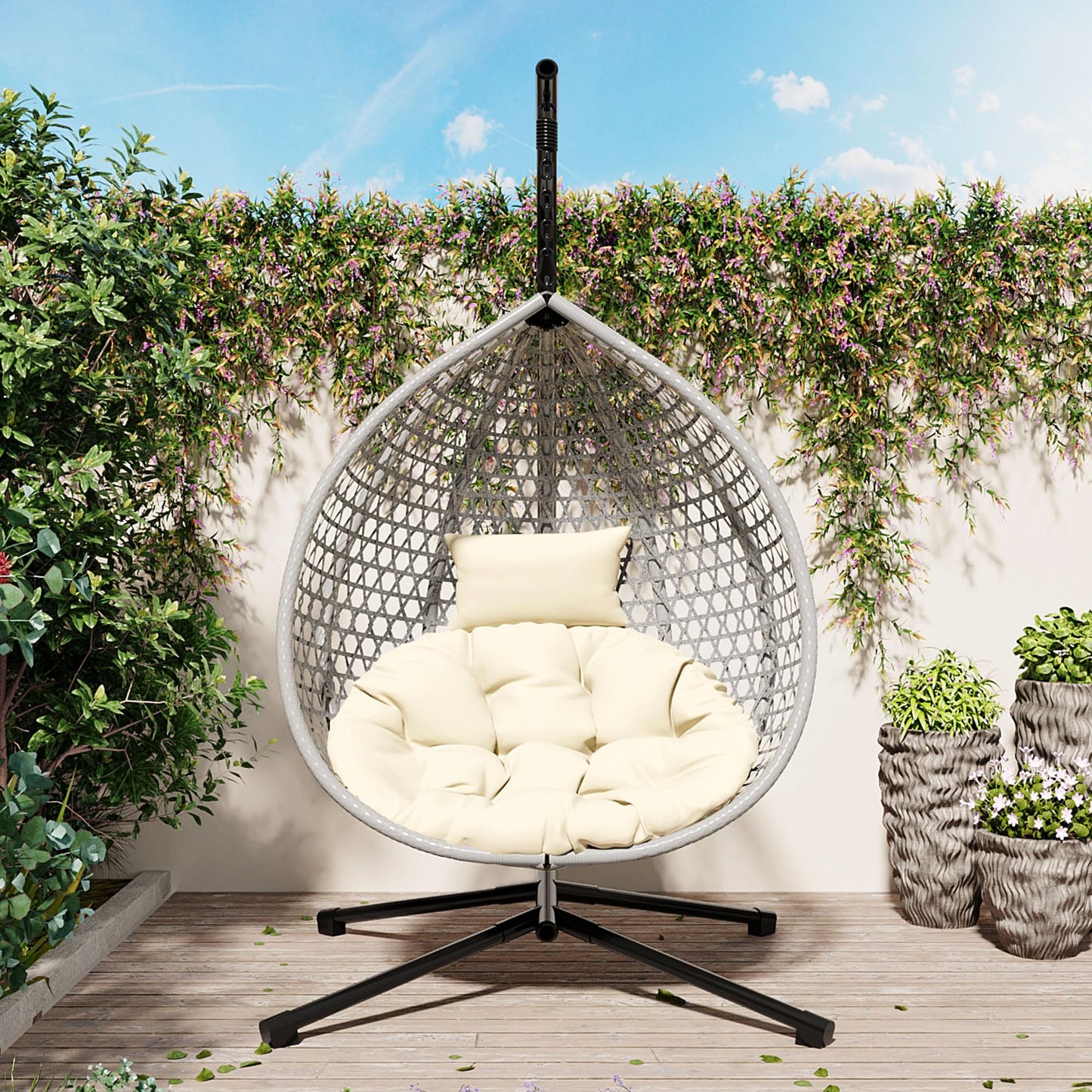 Merax Egg Hanging Chair with Stand, Indoor/Outdoor Swinging Wicker Hammock Chair for Patio, Garden, or Living Room