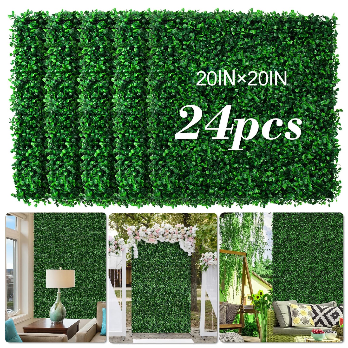 AOKIE 20"X20" Artificial Grass Wall, 24Pcs Boxwood Hedge Wall Panels UV-Anti Grass Backdrop Wall Decor, Greenery Privacy Hedge Screen for Indoor Outdoor Patio Balcony, Party Garden Fence Decor
