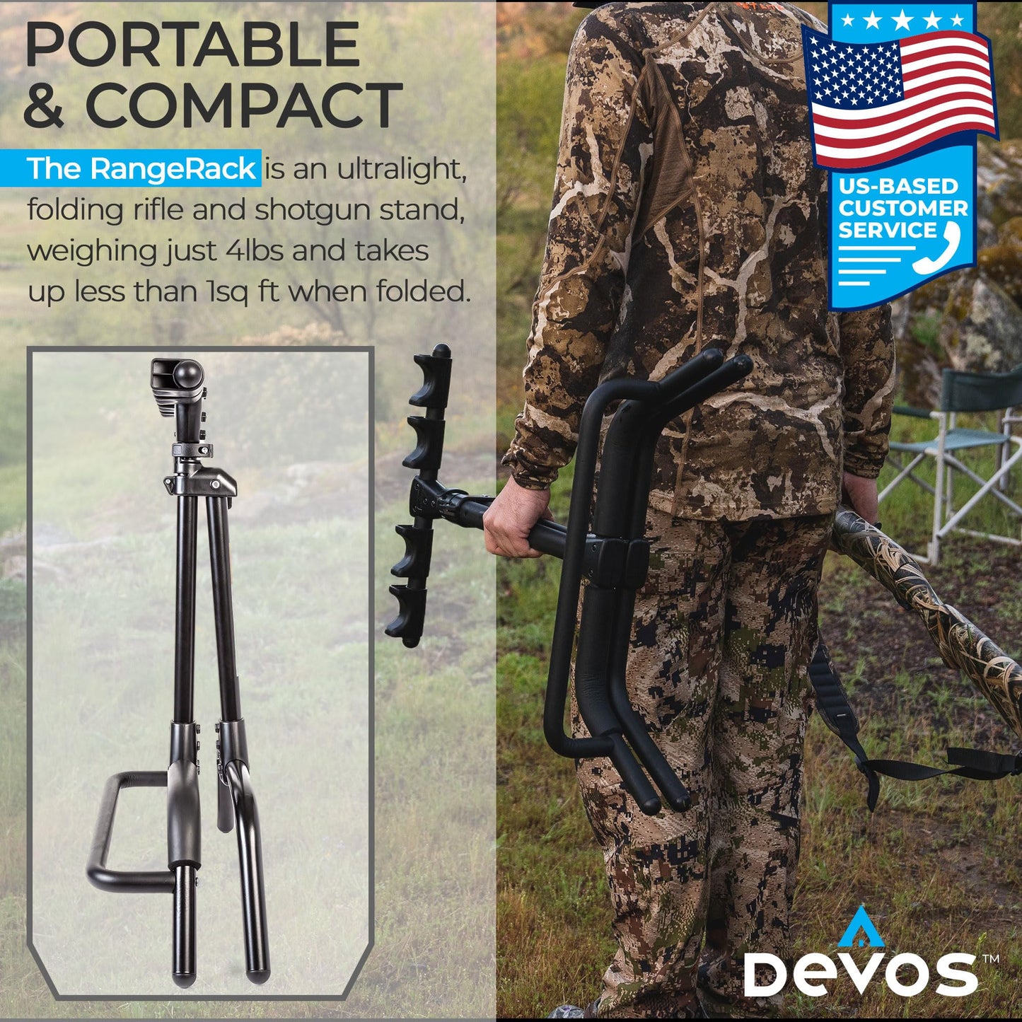 Devos Outdoor RangeRack | Portable Rifle Shotgun and Bow Stand | Ultralight Compact Folding Design | Stable for 1 to 4 Firearms or Compound Bows | Weather Resistant Aluminum Frame