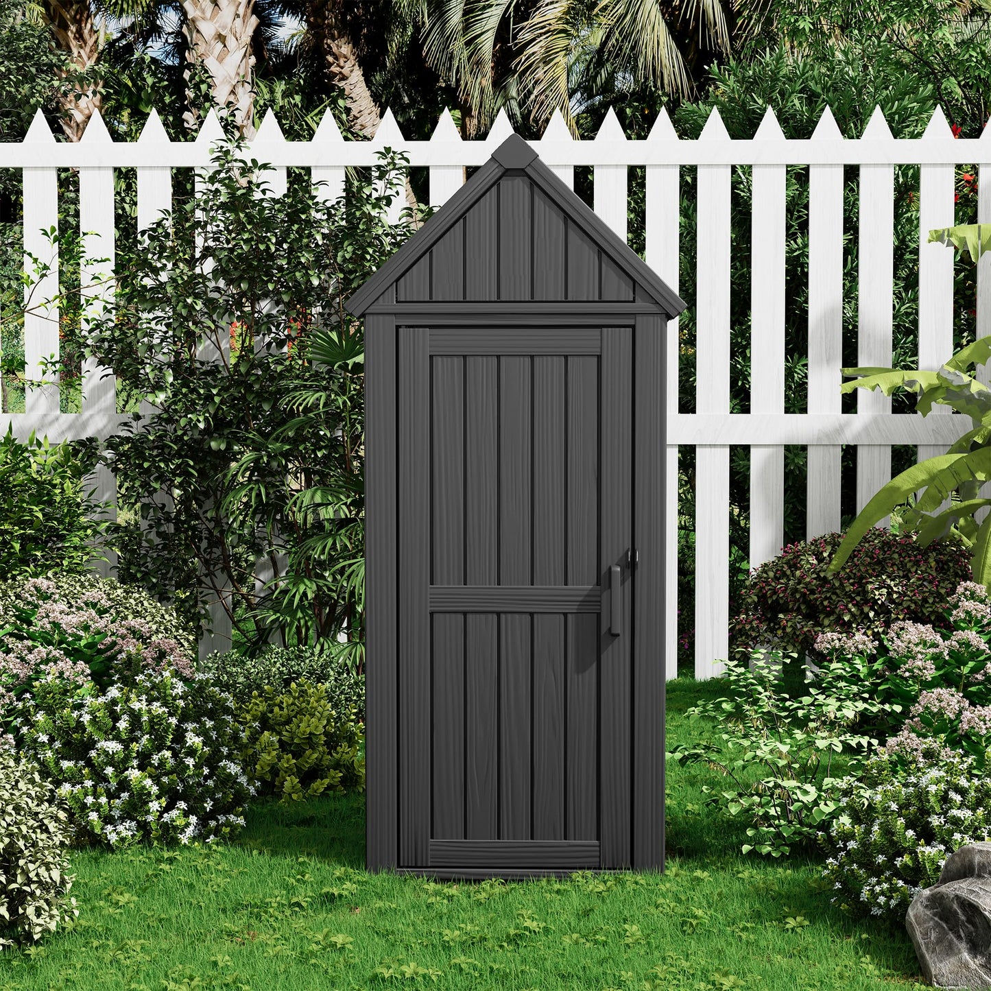 Fancyango Outdoor Resin Storage Shed, Upgrade Sturdy Storage Cabinet with Removable Shelves and Lock Ring, Reinforced Floor, All-Weather Construction for Garden Patio Lawn (Black) (Black)