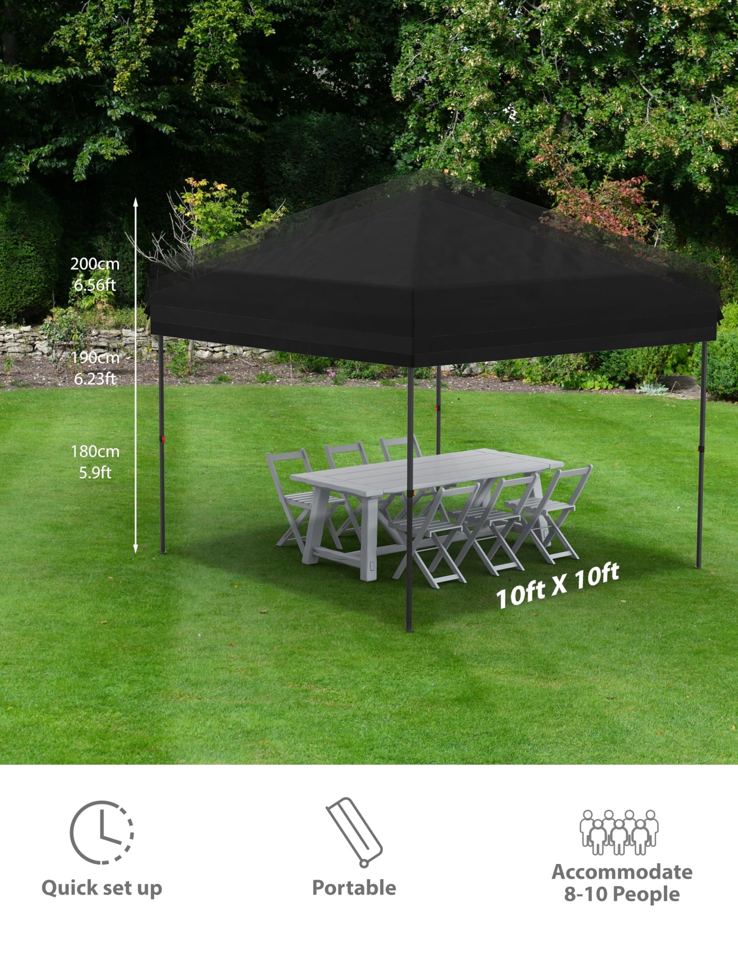 10'x10' Pop up Canopy Tent with 210 D Oxford Fabric, Portable Instant Commercial Canopy Including 4Pcs Sidewalls 4 Stakes 4 Ropes 4 Sandbags for Farmers' Market, Patio, Outdoor, Camping-Black