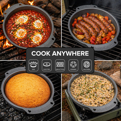 SOLIDTEKNICS 10" Naturally Seasoned Australian Iron Skillet – Lightweight Durable Outdoor Frying Pan for Camping, Grill, Smoker, Fire Pit & Campfire Cooking Portable Cookware for All Adventures