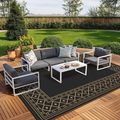 GENIMO Outdoor Rug Waterproof for Patio Decor, 10'x20' Foldable Reversible Plastic Straw Carpet, Outside Area Mat for Rv, Deck, Picnic, Porch, Camper, Balcony, Beach, Black & Brown