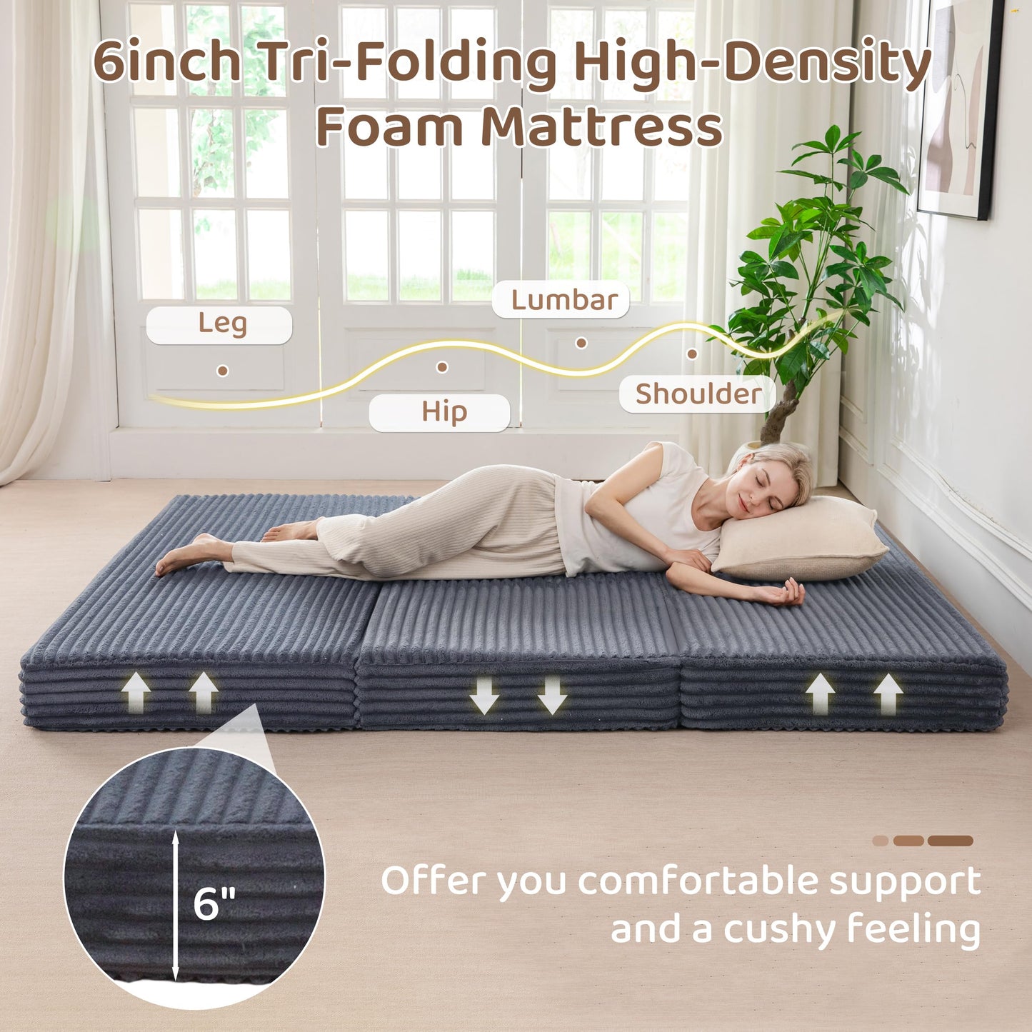 BYBYME Thick Corduroy Tri-Folding Mattress, 6 Inch Gel Folding Mattress Topper, Foldable Sofa Couch Soft Guest Bed Camping Pad, with Washable Covers (Dark Gray, Queen)