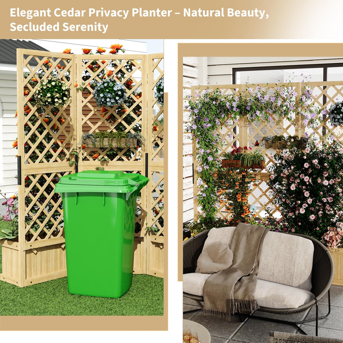 Cedar Privacy Screen with Planter Box - 3-Panel Freestanding Garden Fence, 62 in x10 in x65 in Tall Outdoor Divider with Drain Holes & Raised Bed for Patio, Deck & Backyard (Natural Wood)