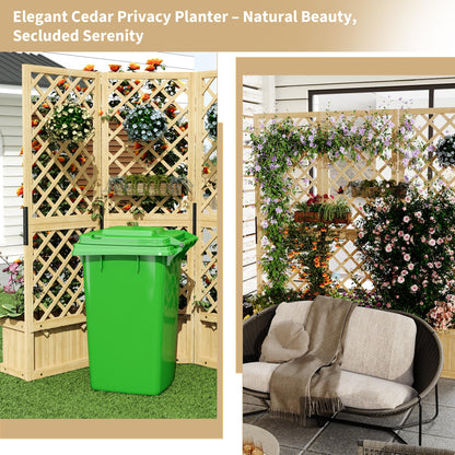 Cedar Privacy Screen with Planter Box - 3-Panel Freestanding Garden Fence, 62 in x10 in x65 in Tall Outdoor Divider with Drain Holes & Raised Bed for Patio, Deck & Backyard (Natural Wood)