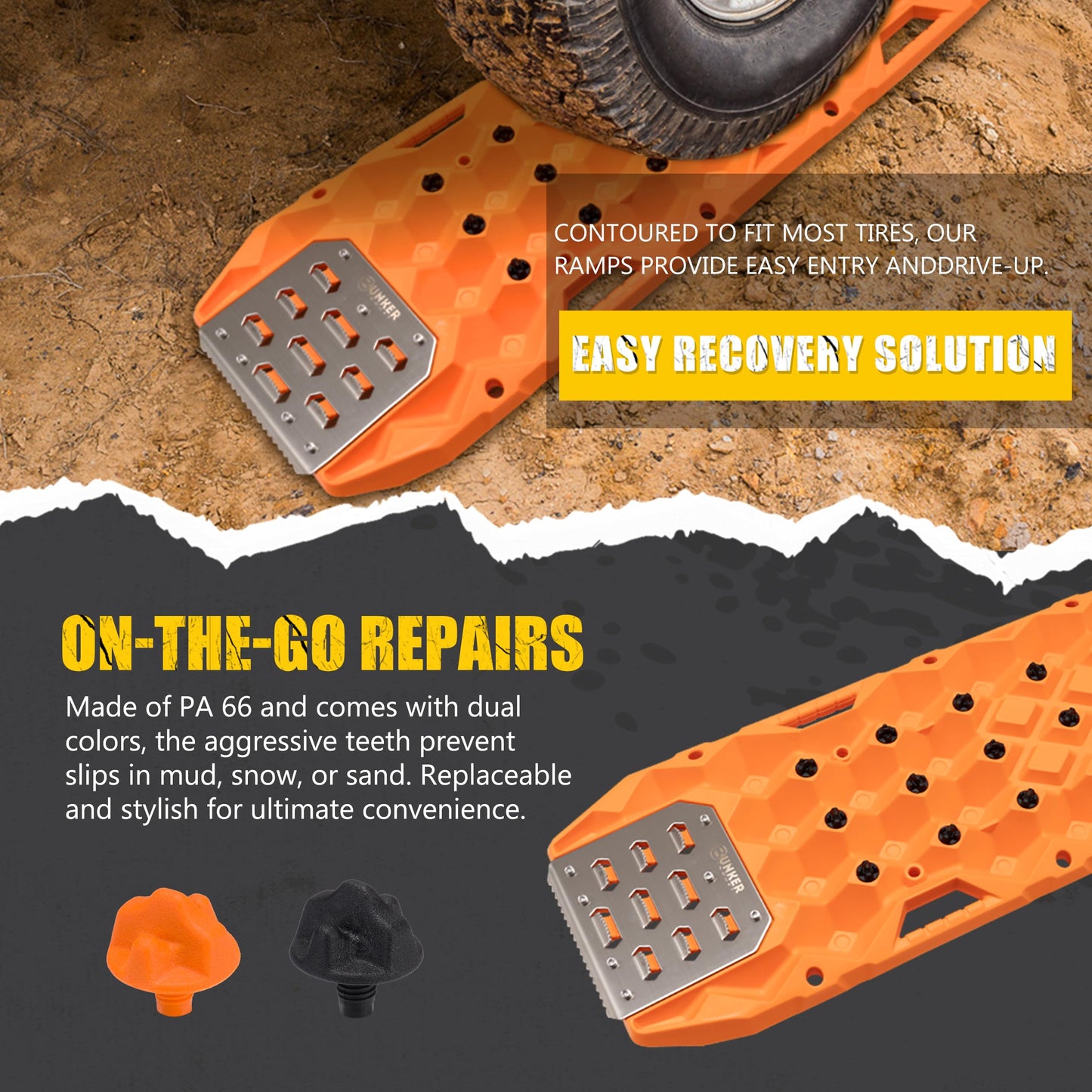 BUNKER INDUST Offroad Traction Board with Jack Base,Pair 47.24"L x 14"W Recovery Track Tire Traction Mat -Orange Sand,Mud,Snow Ramps (Replaceable Dual Colors Teeth/Rugged Steel Plate) Gen 11th