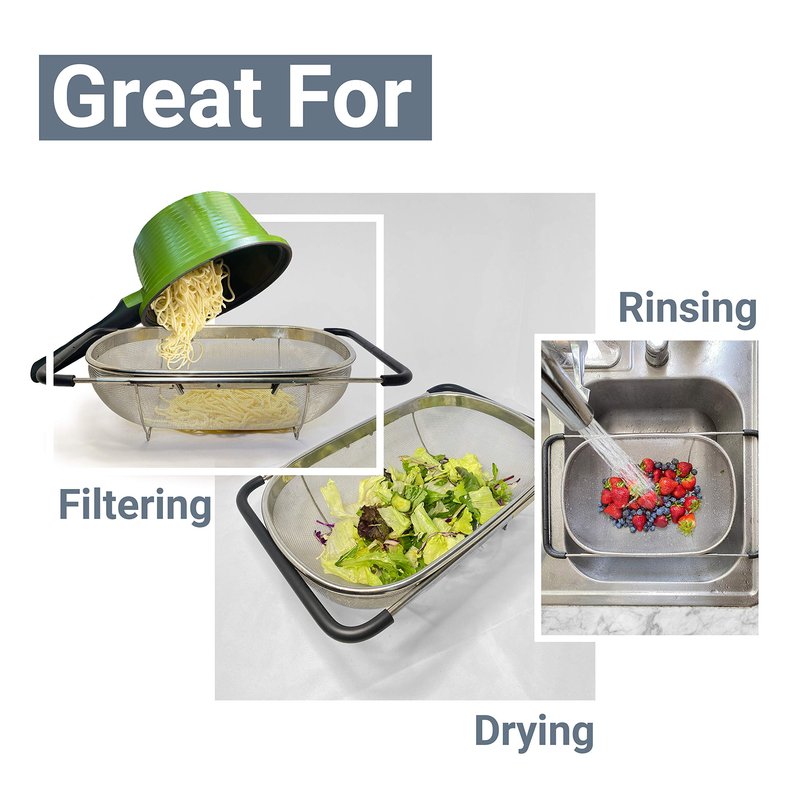 Makerstep Over the Sink Colander Strainer Basket Stainless Steel, For Kitchen Sink with Rubber Grip, Fine Mesh, Large Kitchen Gadgets Tools, Expandable Home Kitchen Essentials
