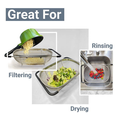 Makerstep Over the Sink Colander Strainer Basket Stainless Steel, For Kitchen Sink with Rubber Grip, Fine Mesh, Large Kitchen Gadgets Tools, Expandable Home Kitchen Essentials