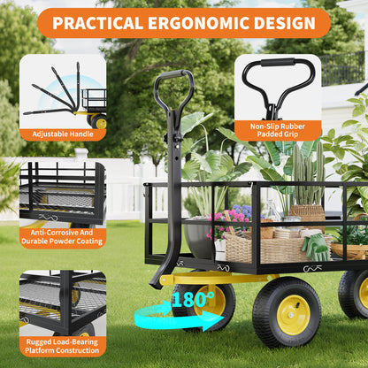 Heavy Duty Steel Garden Cart, 1200 Lbs Garden Wagon with 13" All Terrain Tires, 3-in-1 Metal Utility Wagon with Removable Mesh Side Panels and 180° Rotating Handle for Yard, Lawn and Garden