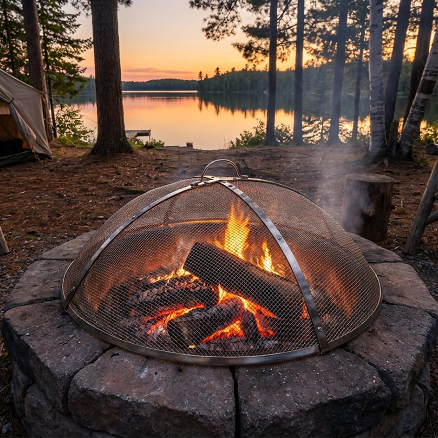 Sunnydaze Round Stainless Steel Spark Screen - Rust-Resistant Heavy-Duty Metal Fire Pit Spark Screen with Handle - 30" Diameter