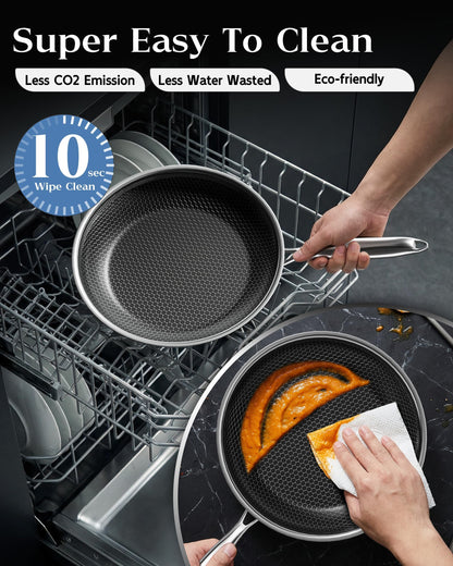 XBM Nonstick Frying Pan Set with 3 Lids, 8+10+12 Inch, Honeycomb Stainless Steel Skillet Pans Set, PFOA-Free Scratch-Proof, Dishwasher & Oven Safe, Compatible with All Cooktops