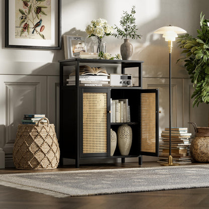 vovala Bamboo Floor Rattan Cabinet, Bathroom Storage Organizer Rack with 2 Doors and 1 Shelf, Space Saving Wood Kitchen Cupboard, Hallway Side Table, Living Room Freestanding Stand (Black)