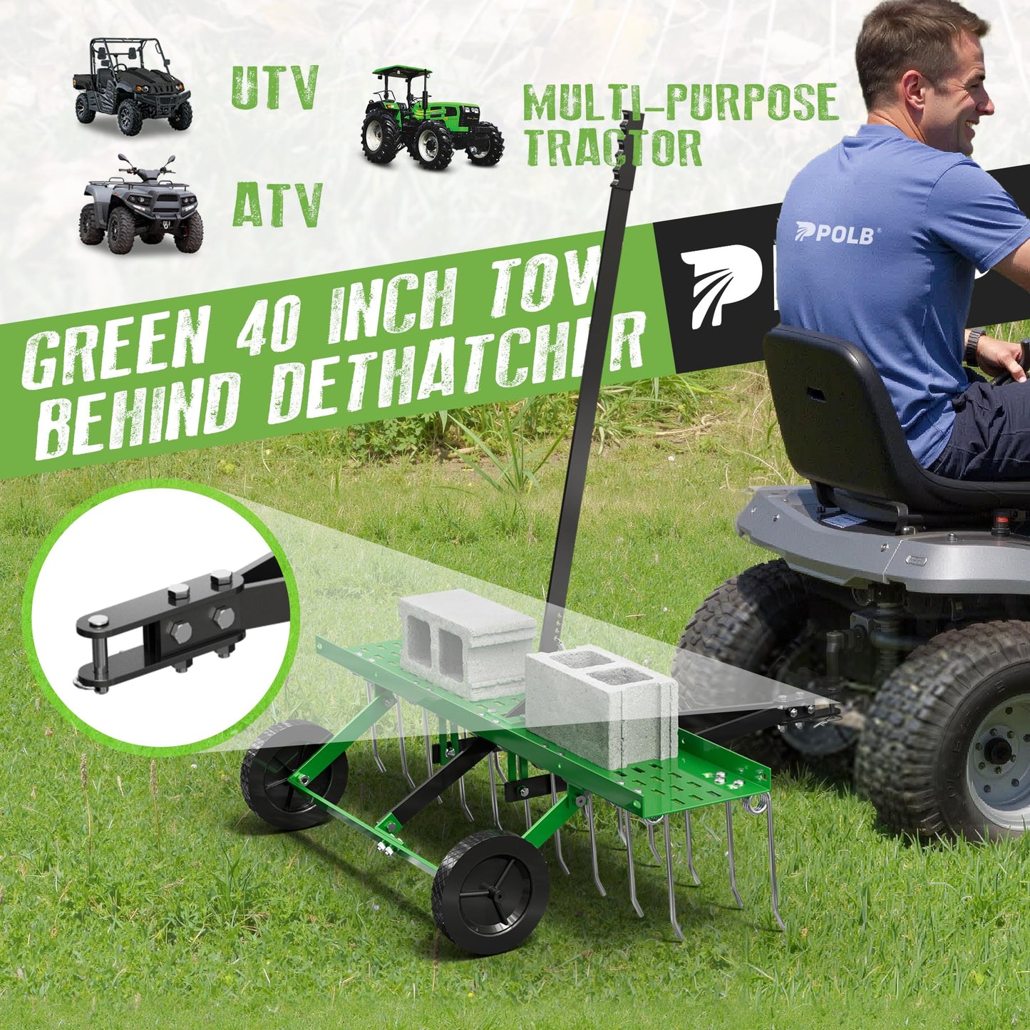 PPOLB 40" Tow-Behind Dethatcher with 20 Spring Steel Tines, Pull Behind Lawn Tractor Mower Grass Rake for Yard, Garden, and Farm Care – Removes Thatch, Leaves, and Pine Needles-Green