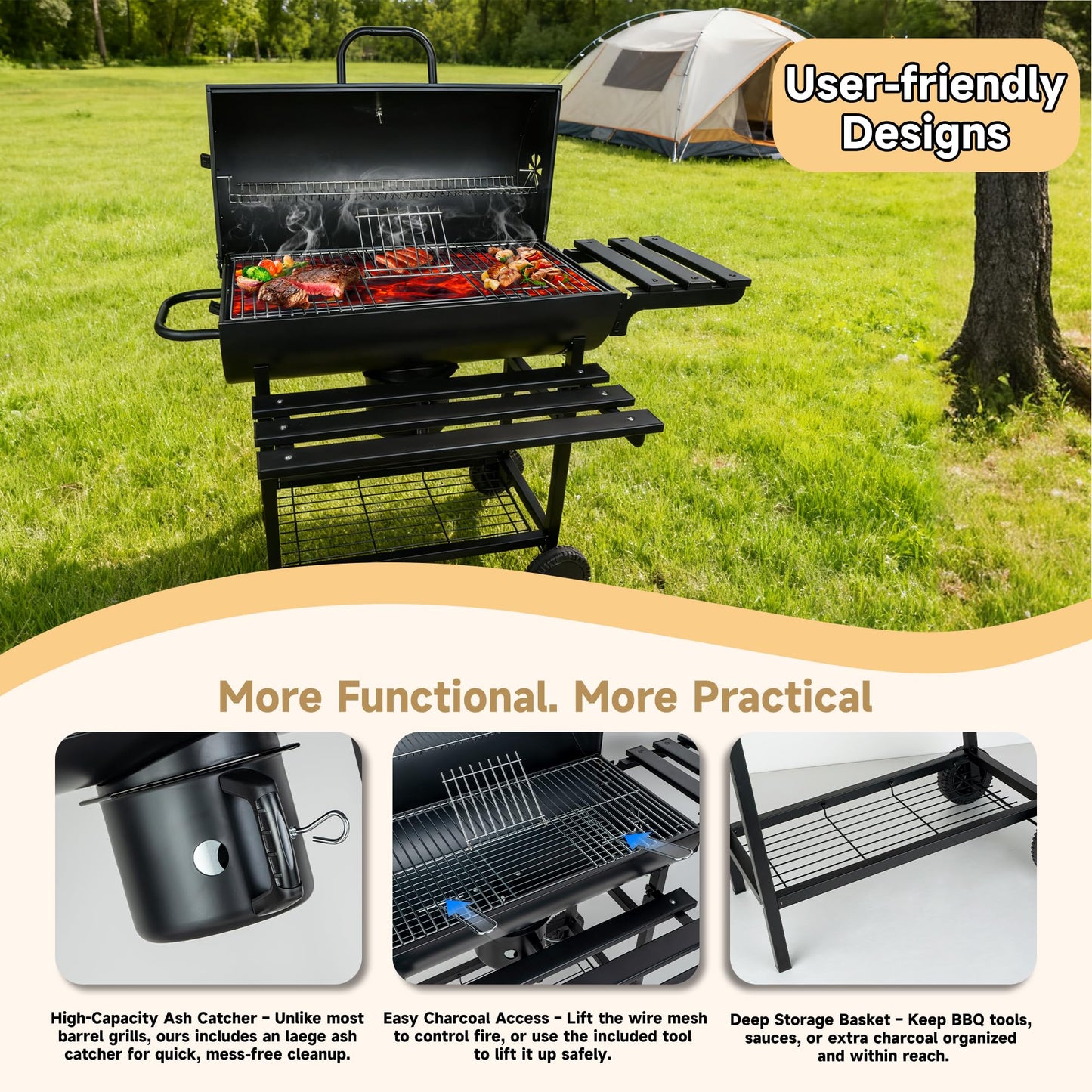 Charcoal Grill with Lid, 27" Outdoor BBQ Grill with Thermometer, Side Shelves, Wheels & Ash Catcher, Large Barrel Charcoal Smoker for Backyard, Camping & Outdoor Cooking