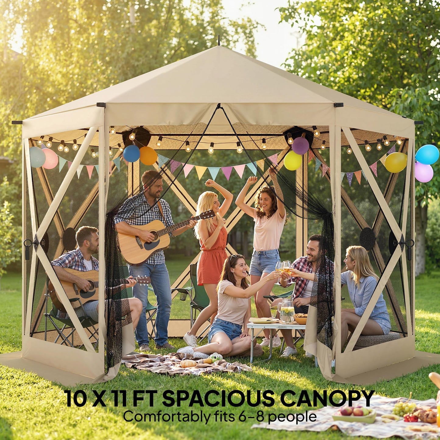 Outsunny 10 x 11 ft Pop Up Gazebo Screen Tent, Outdoor Portable Instant Camping Canopy Screen House Sun Shelter with Mesh Nettings, Carry Bag, Ground Stakes, Ropes for Patio, Backyard, Beige