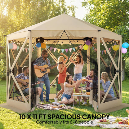 Outsunny 10 x 11 ft Pop Up Gazebo Screen Tent, Outdoor Portable Instant Camping Canopy Screen House Sun Shelter with Mesh Nettings, Carry Bag, Ground Stakes, Ropes for Patio, Backyard, Beige