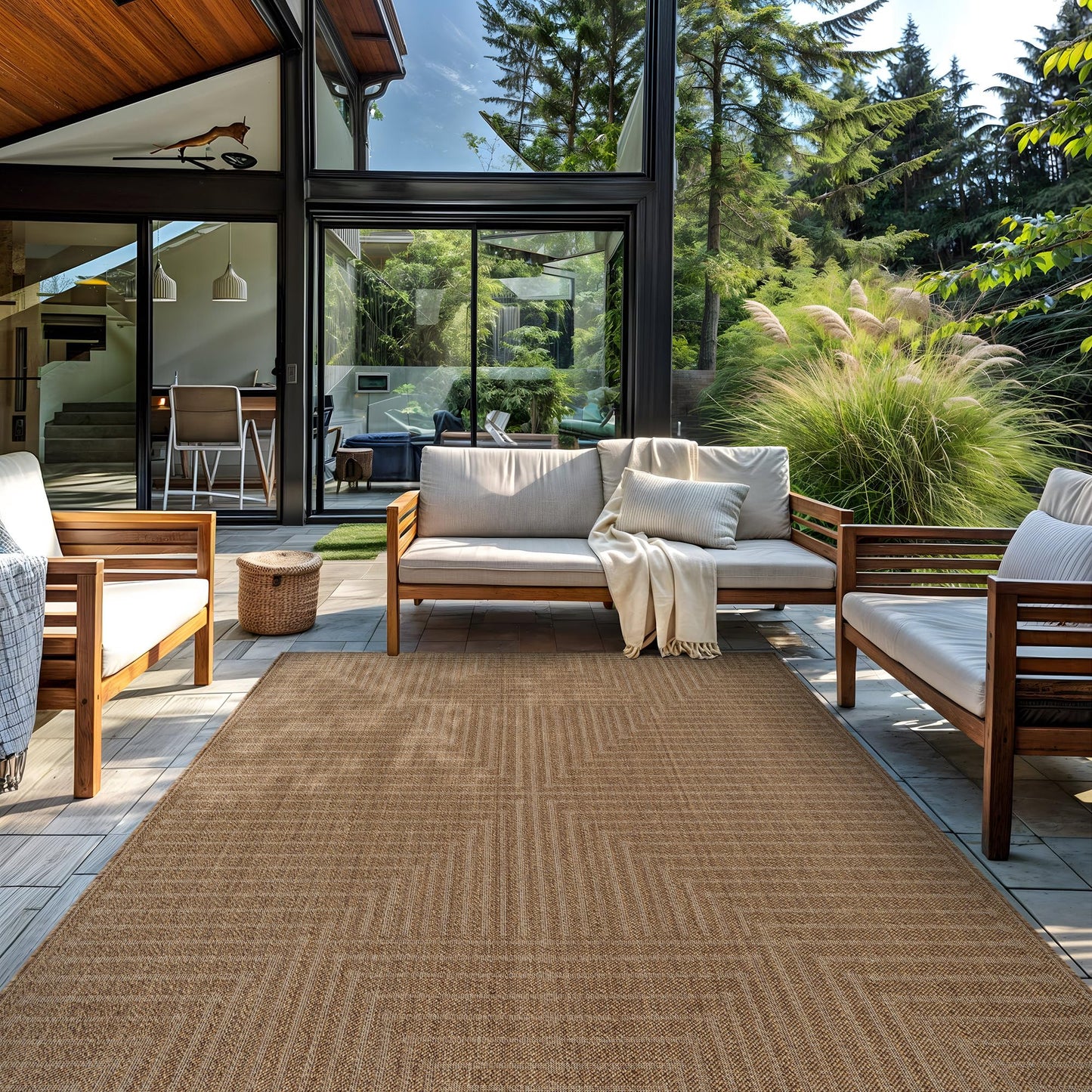 Rugshop Geometric Lines Indoor Outdoor Flat Woven Area Rug,Natural Jute-Style,Easy-Care Patio Rug for Backyard Porch Deck Balcony, 7'10" x 10' Sand/Natural
