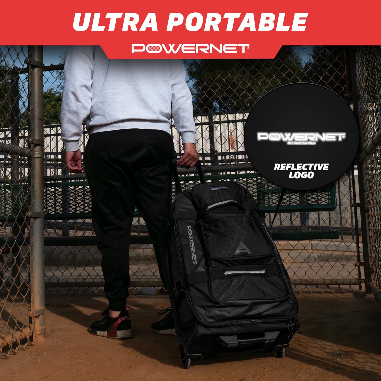 PowerNet Rolling Duffle Bag with Wheels & Handle, Baseball Travel Bag, Baseball Softball Bags for Catchers Gear, Travel Baseball Bags (Small| 110 L)