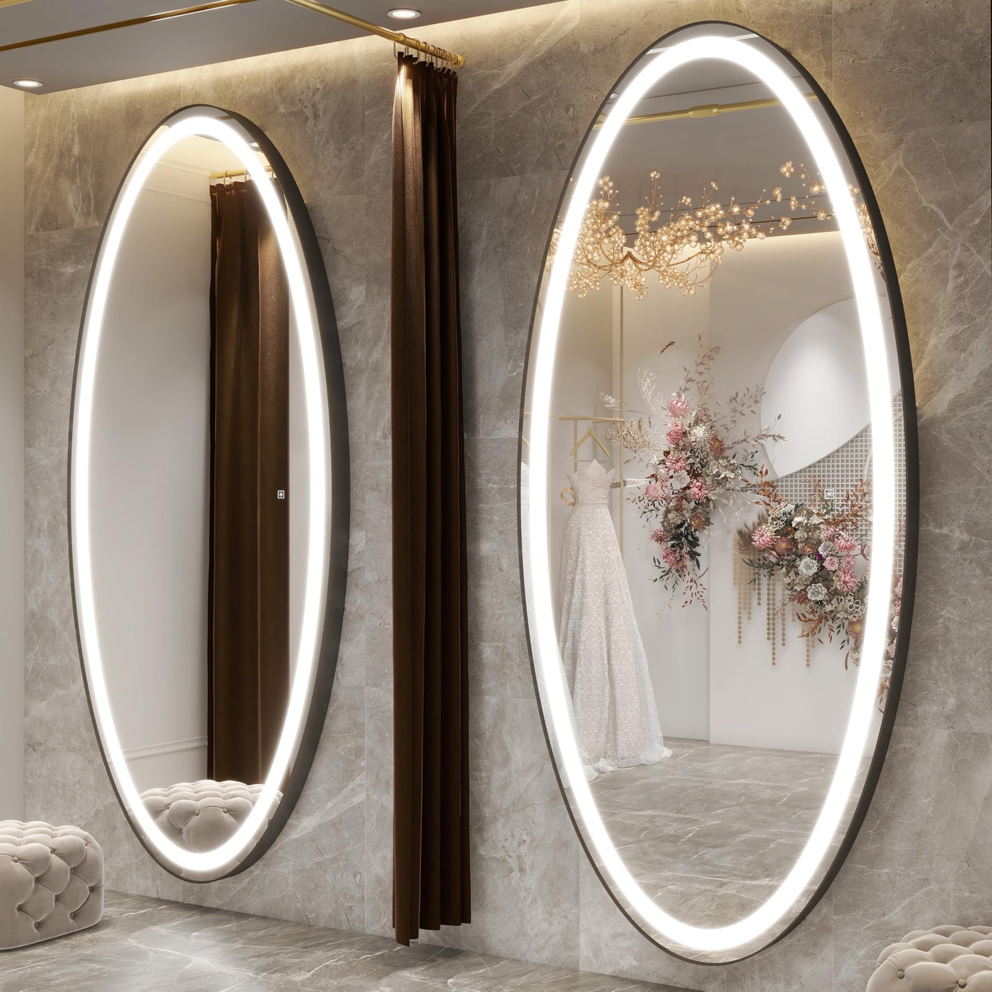 FENNIO 70" x 36" Large Wall Mounted Mirror with LED Lights, Oval Full Length LED Lighted Full Body Dressing Mirror for Bedroom, Salon, Brushed Aluminum Frame, Tempered Glass